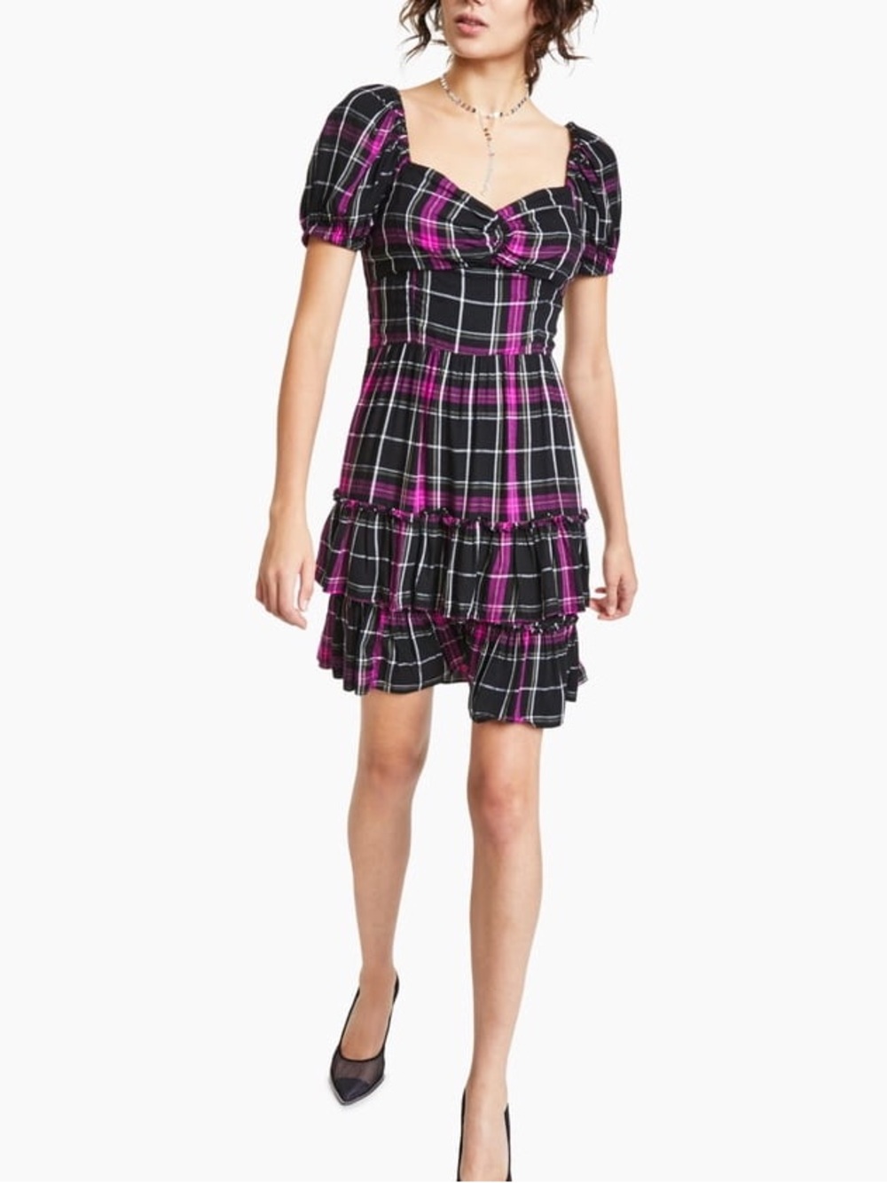 Bar III Black and Pink Plaid Dress